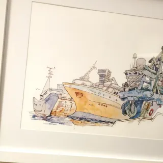 Tinta y Acuarela Original de barcos en el Puerto