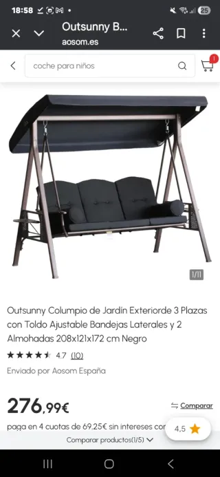 Repuesto de Columpio de jardín 3 plazas negro