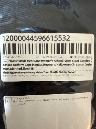 Capa Harry Potter Negra y Roja Talla Única