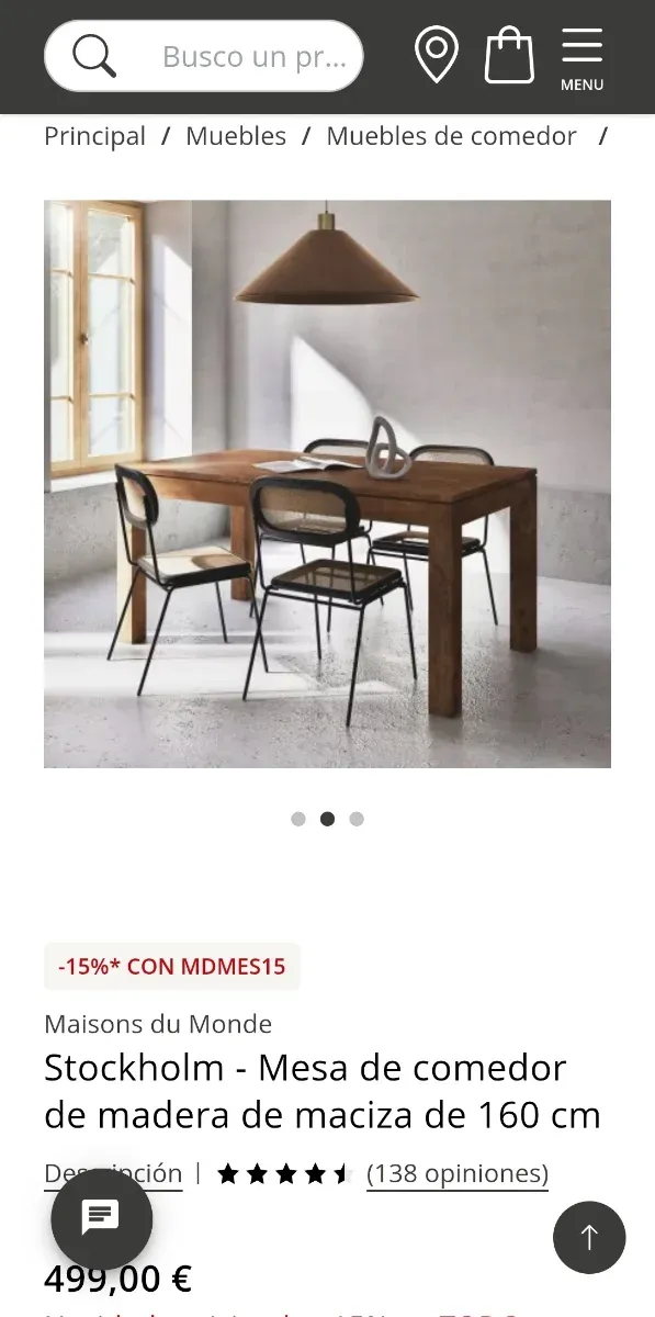 Mesa comedor madera maciza 160cm