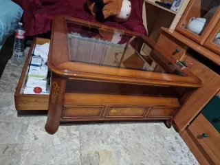 Mesa centro cristal y madera 3 cajones