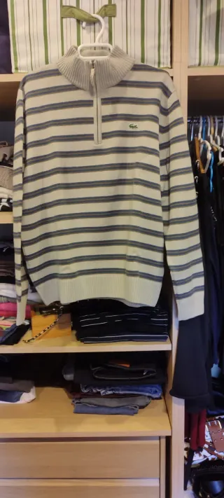 Jersey Lacoste Rayas Beige y Gris Talla M
