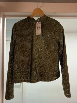 Camiseta lentejuelas cuello alto verde/dorado