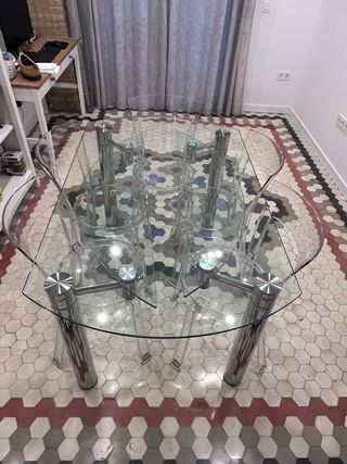 Mesa Comedor Extensible Cristal y Metal + Sillas