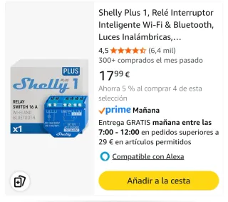 Shelly Plus 1 Relé WiFi Bluetooth 16A Nuevo