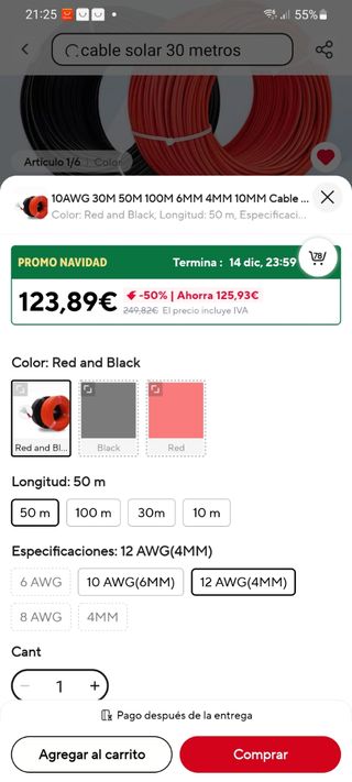 Cable Solar Fotovoltaico 12AWG-4mm² 100m (50m+50m)