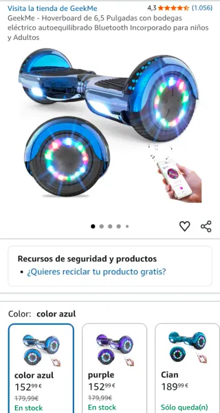 Hoverboard azul metalizado con luces