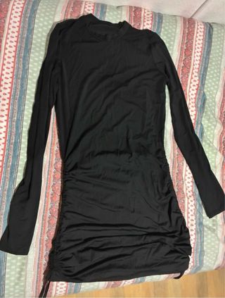 Vestido negro mujer manga larga fruncido