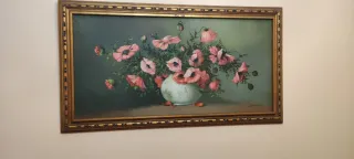 Óleo de flores rosas y verdes