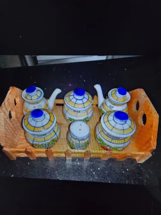 Set porta spezie ceramica con vassoio legno