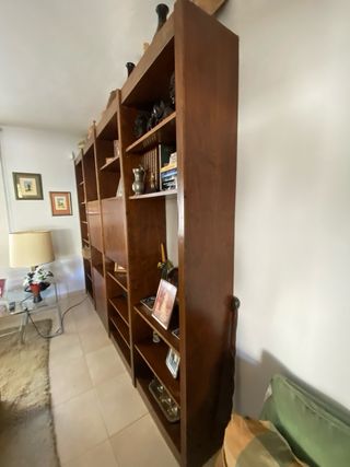 Librería de madera con estantes y puertas.