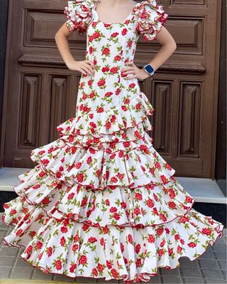 Traje de Flamenca Talla 36/38 Flores Rojas