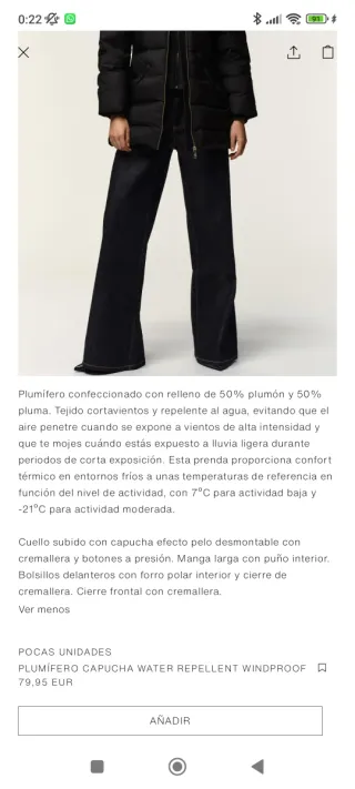 Abrigo Negro Talla S plumifero Zara