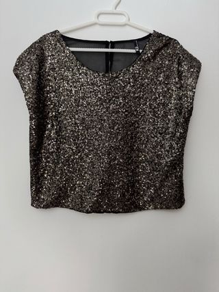 Blusa lentejuelas manga corta y transparencias