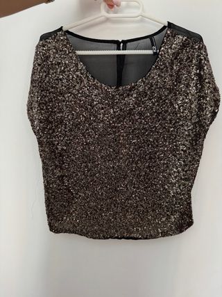 Blusa lentejuelas manga corta y transparencias