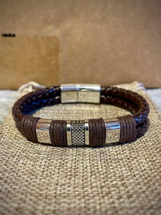 Pulsera Cuero Trenzado Multicapa Plata