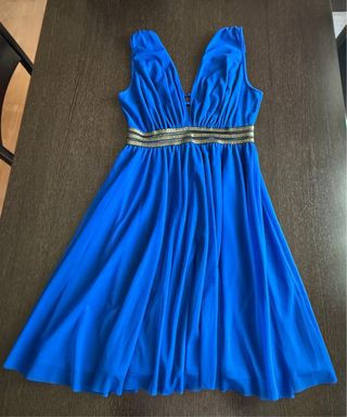 Vestido fiesta azul con detalles dorados