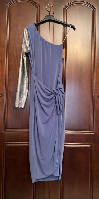 Vestido fiesta asimétrico plateado y azul jeans