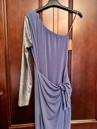 Vestido fiesta asimétrico plateado y azul jeans