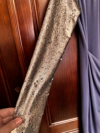 Vestido fiesta asimétrico plateado y azul jeans