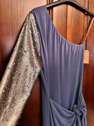 Vestido fiesta asimétrico plateado y azul jeans