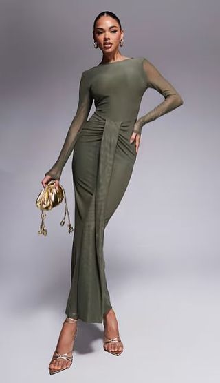 Vestido largo caqui manga larga