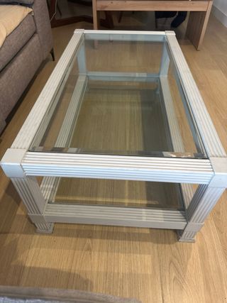 Mesa de centro cristal y madera maciza gris