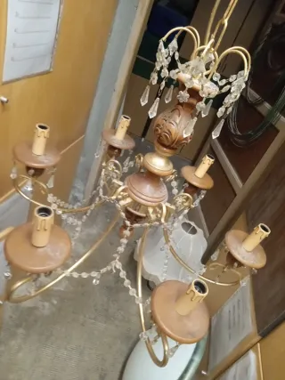 Lampadario vintage legno e ottone