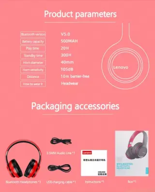 Auriculares Bluetooth Lenovo HD200 Negro/Rojo