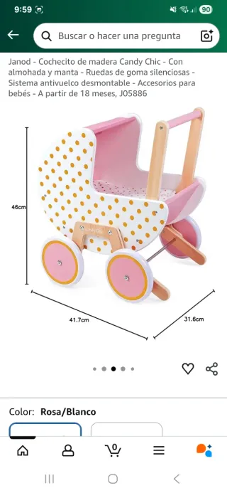 Cochecito de juguete rosa y blanco