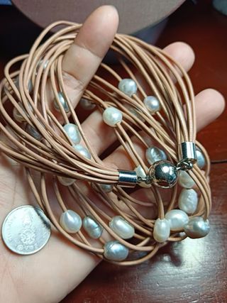 Collar Cuero Perlas Auténticas 8-9.3mm