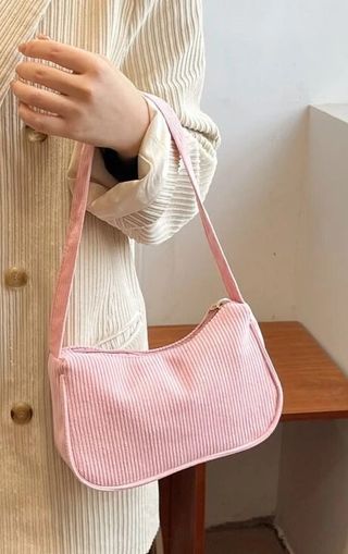 Bolso Hobo Efecto Pana Rosa Hombro Mujer