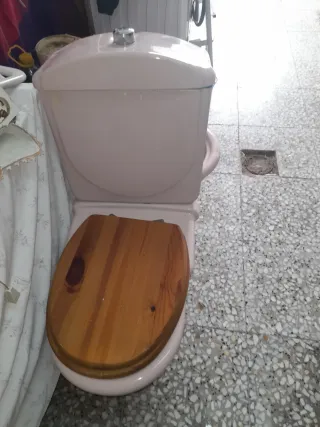 Inodoro rosa con tapa de madera