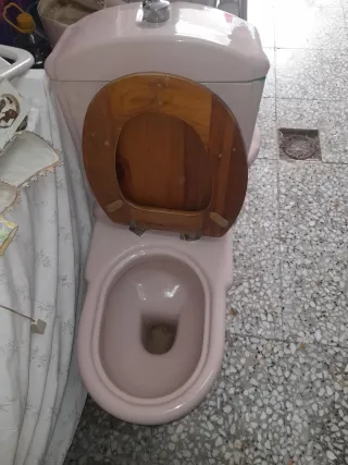 Inodoro rosa con tapa de madera