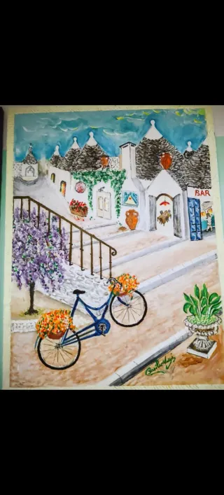 Quadro fatto a mano: scena con bici e trulli