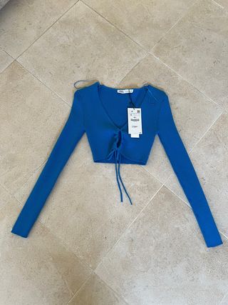 Top Zara Azul Manga Larga Talla S