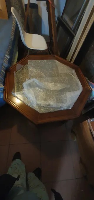 Mesa de centro octogonal madera y cristal