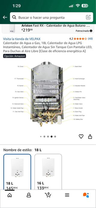 Calentador Agua Gas 18L LPG Instantáneo