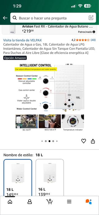 Calentador Agua Gas 18L LPG Instantáneo