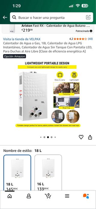 Calentador Agua Gas 18L LPG Instantáneo