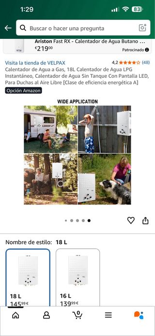 Calentador Agua Gas 18L LPG Instantáneo