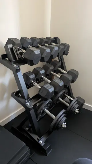 Rack Mancuernas +Pesas 8 a 20kg +banco Musculacion