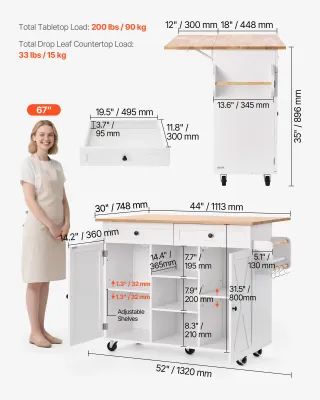 Carrello da Cucina con Piano in Legno Massello