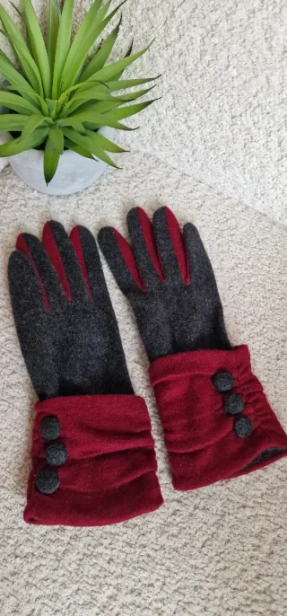 Guantes mujer terciopelo burdeos y gris