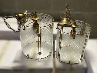 Coppia Lampadari in vetro e metallo dorato