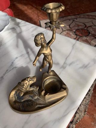 Candelabro antico bronzo con putto e cane