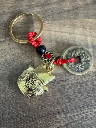 Llavero Gato Chino Suerte Moneda Antigua