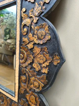 Espejo Indio Vintage Tallado Dorado y Negro