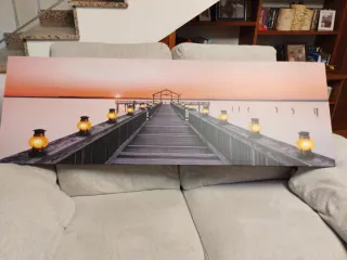 Cuadro paisaje atardecer muelle farolillos