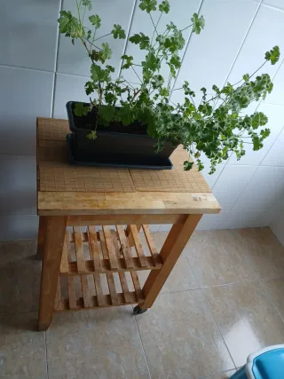 Mesa auxiliar cocina madera con ruedas.